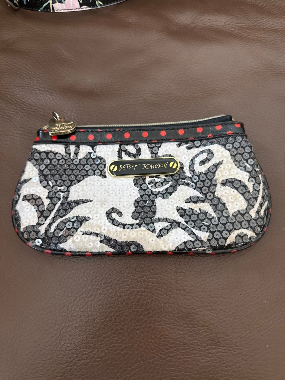 Betsey Johnson Sequin Pouch — Black & White Damask Floral, Red Polka Dot Trim
